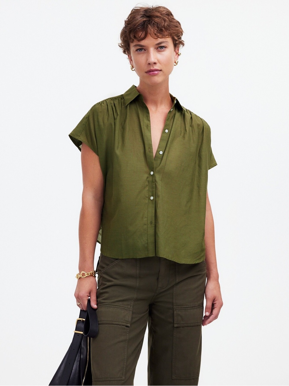 Madewell Olive Green Button-Front Short Sleeve Cap-Sleeve A-Line Top Women’s S